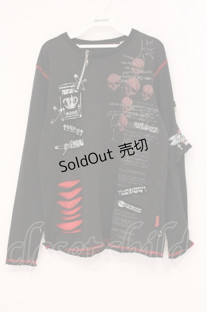 画像1: MAD / パッチ配色スラッシュダメージカットソー L ブラック×レッド O-26-05-05-076-PU-TO-OW-OS (1)
