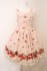 画像1: metamorphose / ストロベリーガーデンストライプリボンジャンパースカート  ピンク系 O-26-05-10-5044-ME-OP-OW-OS (1)