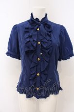 画像1: metamorphose / スタンドカラー半袖フリルブラウス  ブルー O-26-05-10-5025-ME-BL-OW-OS (1)