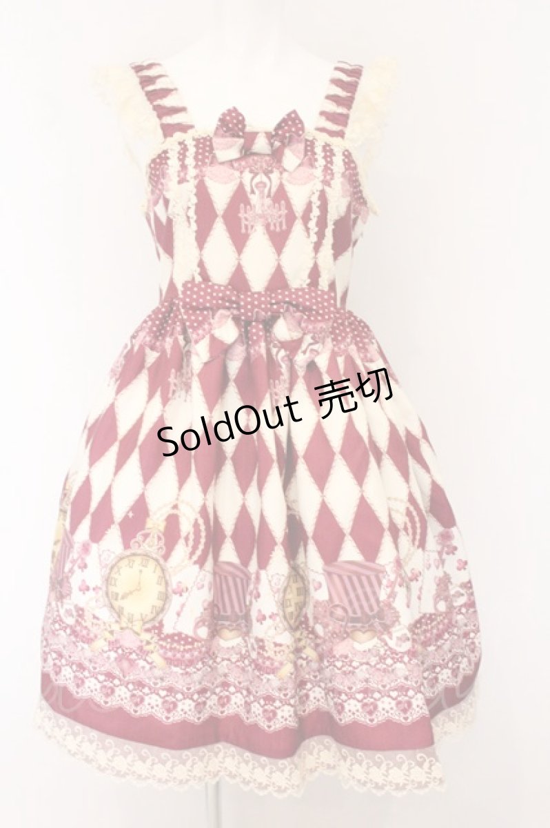 画像1: MAM Lovely / 黒猫アリスのマジカルダイヤ柄の不思議な懐中時計ジャンパースカート  アカ×生成り O-26-05-22-018-LO-OP-IG-OS (1)