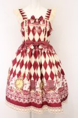 画像1: MAM Lovely / 黒猫アリスのマジカルダイヤ柄の不思議な懐中時計ジャンパースカート  アカ×生成り O-26-05-22-018-LO-OP-IG-OS (1)