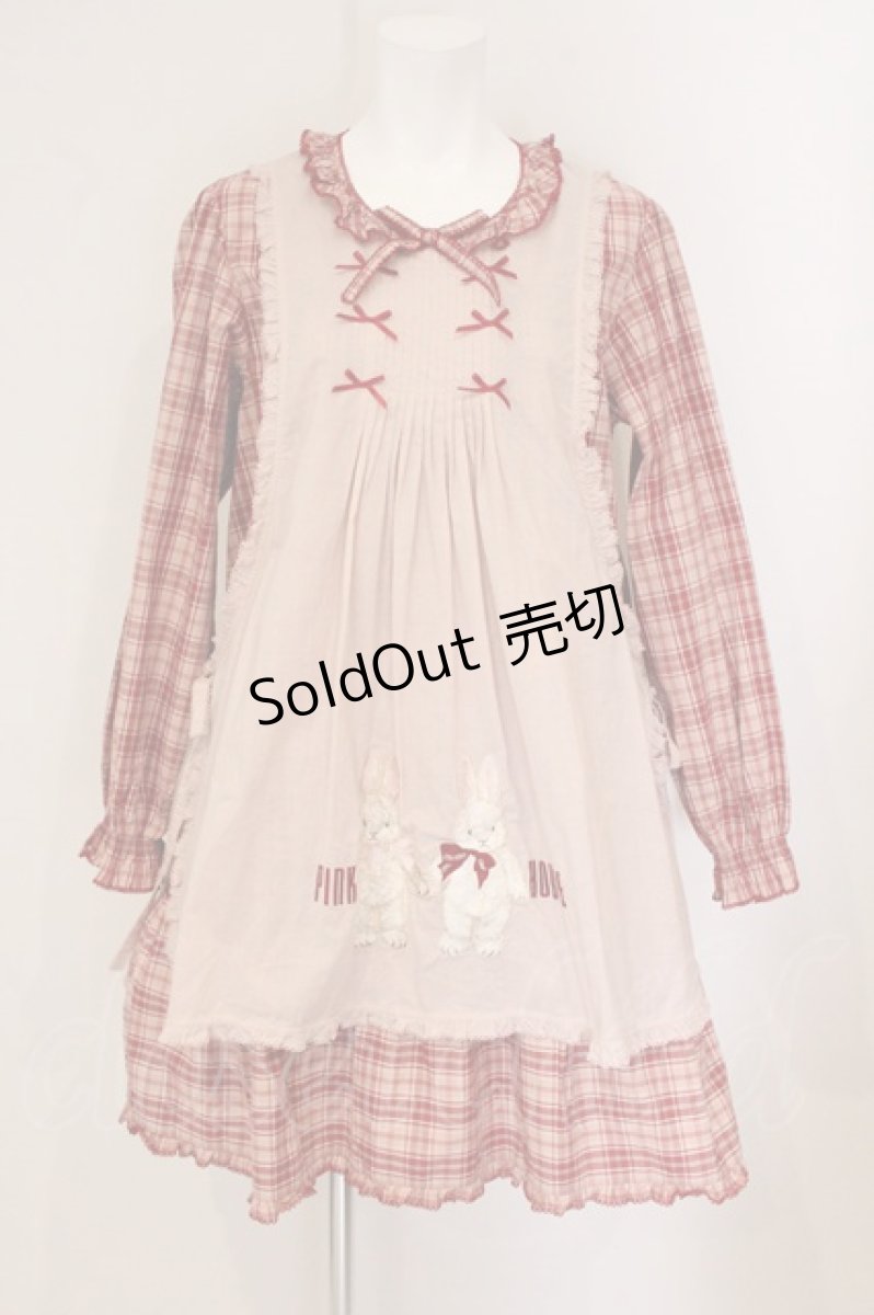 画像1: PINK HOUSE / バラ園うさぎエプロン付きオリジナルチェックチュニック  アカ O-26-05-26-001-LO-TO-OW-OS (1)