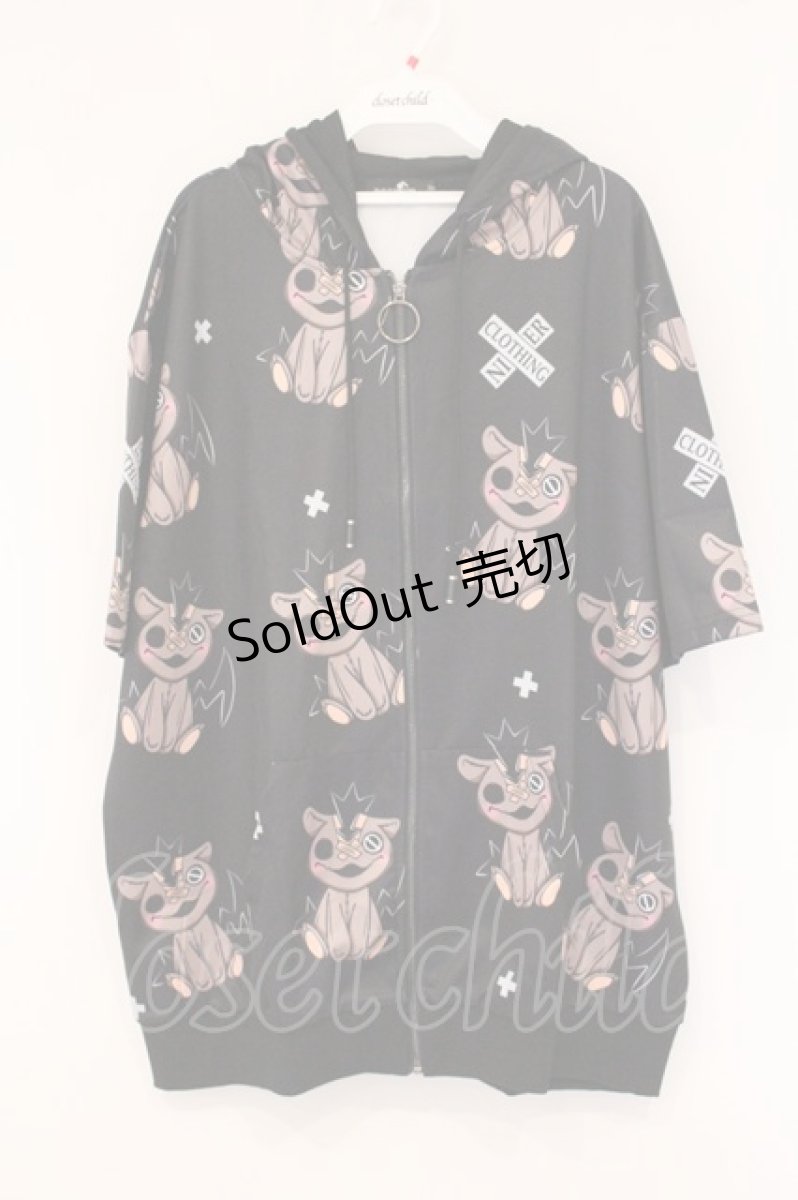 画像1: NieR Clothing / ミケ総柄半袖ジップパーカー F ブラック O-26-05-28-065-PU-TO-YM-ZI (1)