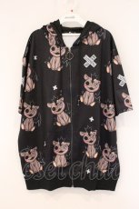 画像1: NieR Clothing / ミケ総柄半袖ジップパーカー F ブラック O-26-05-28-065-PU-TO-YM-OS (1)