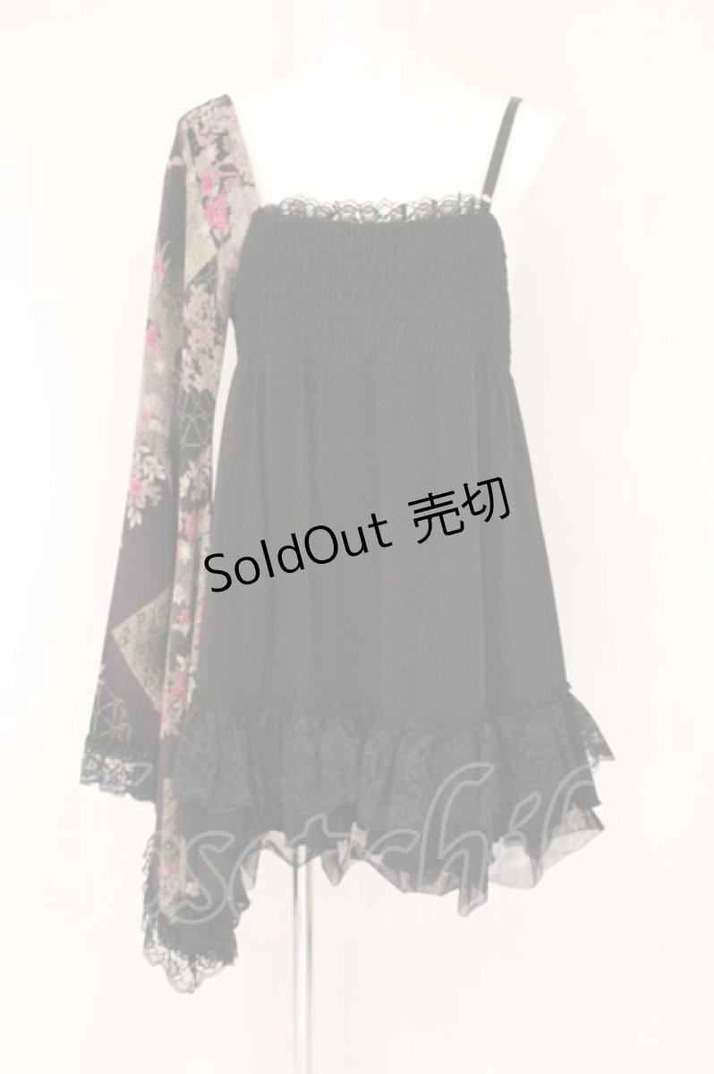 画像1: Qutie Frash / ワンショルダー和柄着物袖チュニック  ブラック×ちりめんパープル O-26-06-02-086-QU-TO-IG-OS (1)