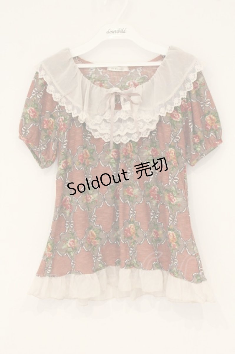 画像1: axes femme / シフォンフリル花柄チュニック M ブラウン×生成り×アカ系 O-26-06-14-1036-AX-TO-IG-OS (1)