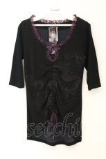 画像1: Qutie Frash / チャイナボタンギャザーTシャツ  ブラック×パープル O-26-06-27-021-QU-TS-IG-OS (1)