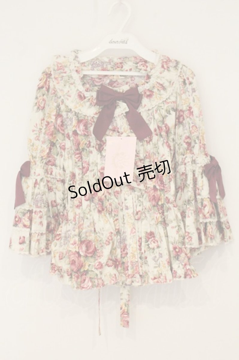 画像1: metamorphose / スクエアあきフリル姫袖ブラウス(花柄)  生成り×アカ系 O-26-07-03-060-ME-BL-IG-OS (1)