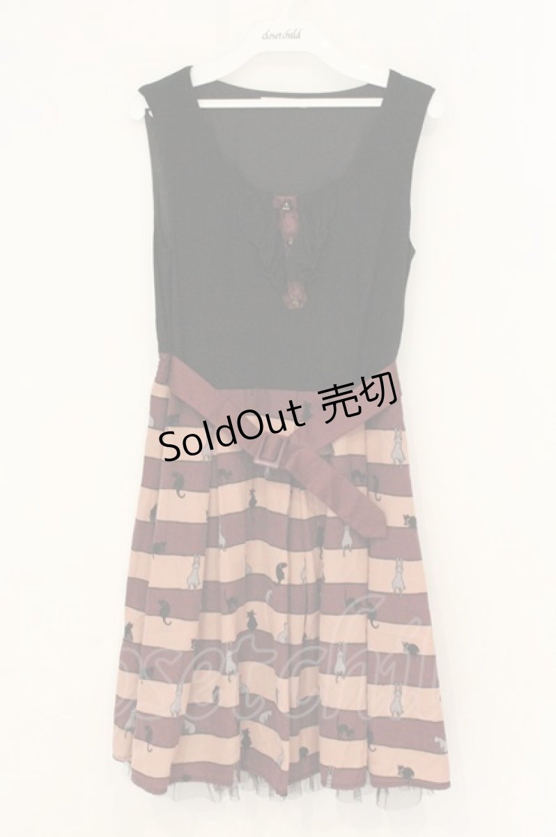 画像1: axes femme / ねこボーダーカットワンピース M クロ×ワイン O-26-07-06-023-AX-OP-OW-OS (1)
