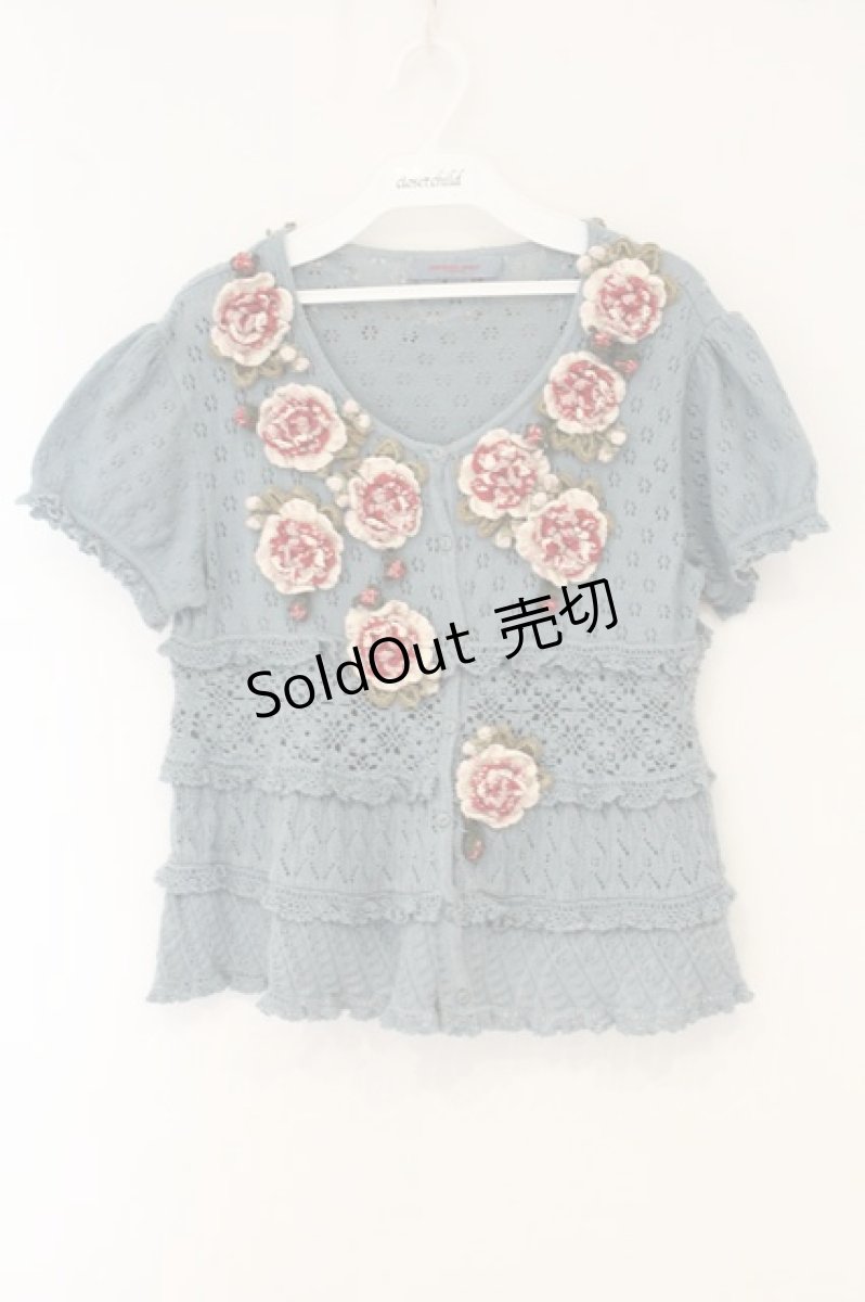 画像1: WONDERFUL WORLD / オールドローズモチーフ半袖ニットカーディガン  ブルー O-26-07-14-023-LO-TO-IG-OS (1)