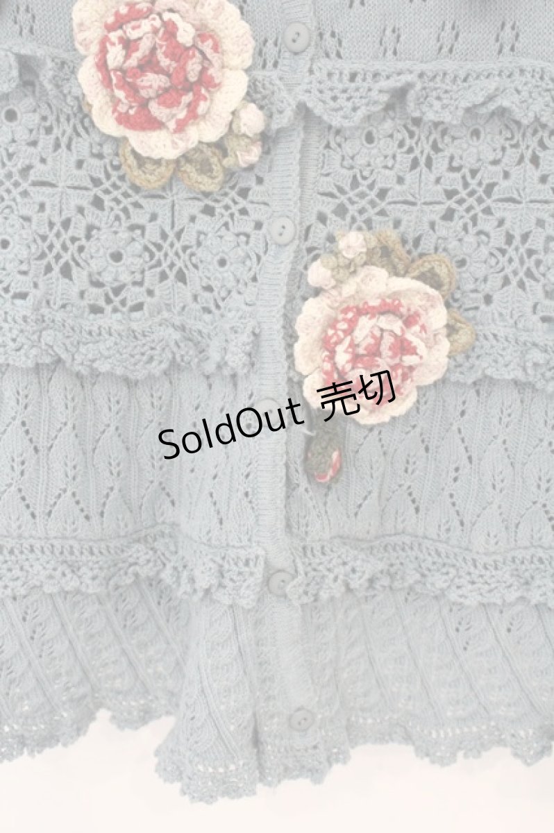 画像3: WONDERFUL WORLD / オールドローズモチーフ半袖ニットカーディガン  ブルー O-26-07-14-023-LO-TO-IG-OS (3)