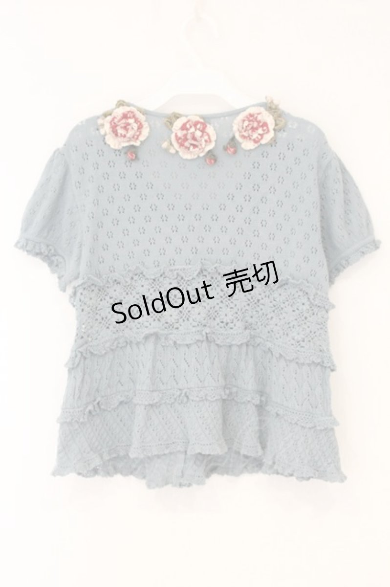 画像5: WONDERFUL WORLD / オールドローズモチーフ半袖ニットカーディガン  ブルー O-26-07-14-023-LO-TO-IG-OS (5)