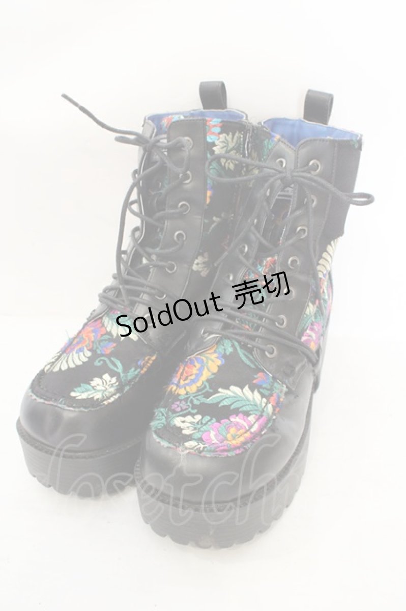 画像1: YOSUKE / 厚底レースアップブーツ【和柄】 26.0cm ブラック×マルチ O-26-07-16-033-PU-SH-OW-ZTK014 (1)