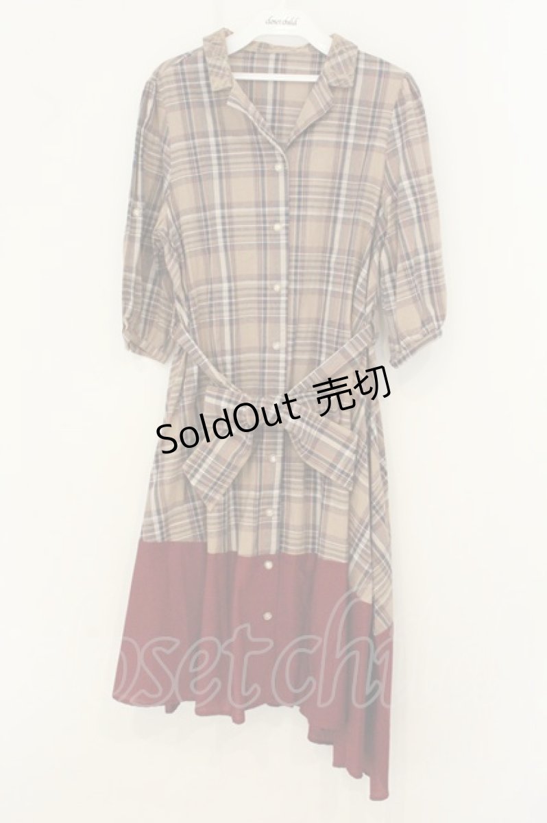 画像1: axes femme / 裾切り替えシャツワンピース M ワイン×ベージュ O-26-08-08-094-AX-OP-OW-OS (1)