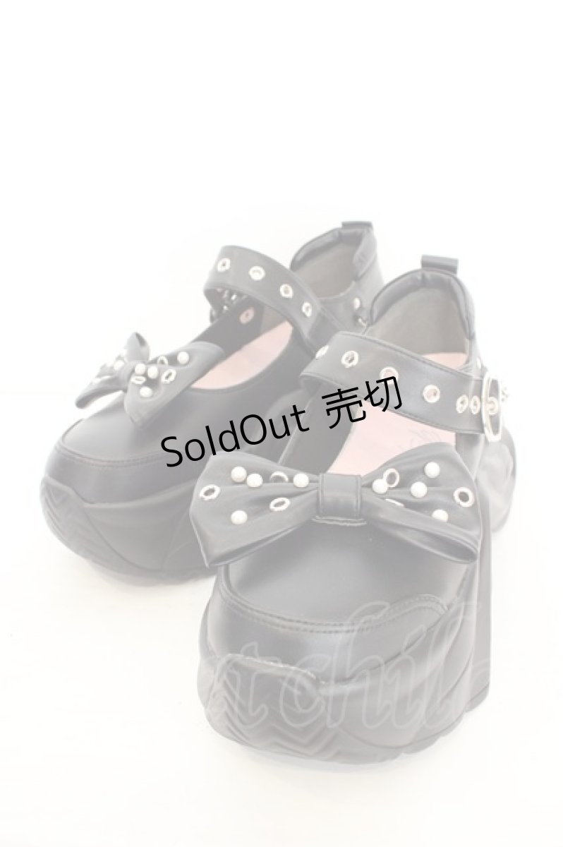 画像1: YOSUKE / リボン付き厚底スニーカー 25cm ブラック O-26-08-12-086-PU-SH-OW-ZTK041 (1)