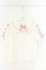 画像1: Chalmiere / 袖レースアップブラウス  シロ×ピンク O-26-08-25-2065-AX-BL-IG-OS (1)