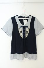 画像1: axes femme / フロント編み上げ半袖トップス M ネイビー O-26-08-25-2012-AX-TO-OW-OS (1)
