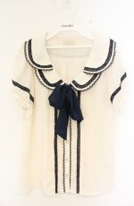画像1: axes femme POETIQUE / 2枚襟半袖フリルブラウス M アイボリー×ネイビー O-26-08-30-075-AX-BL-IG-OS (1)