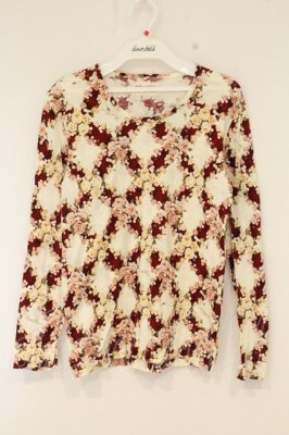 Preview of 薔薇チェッカー柄長袖Tシャツ  オフシロ×アカ