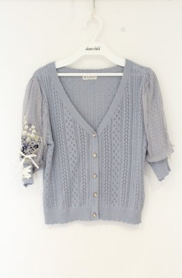 Preview of すずらん刺繍半袖ニットカーディガン M サックス