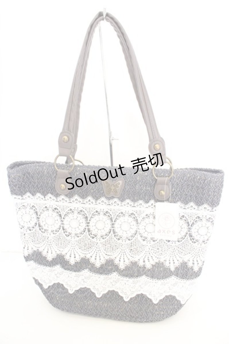 画像1: axes femme / レースボーダー雑材トートバッグ 29×31×18cm ネイビー O-26-09-15-027-AX-BG-IG-OS (1)