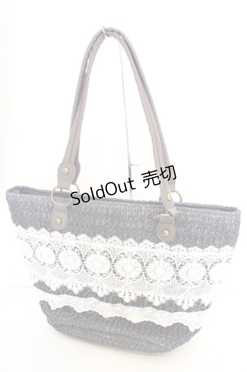 画像2: axes femme / レースボーダー雑材トートバッグ 29×31×18cm ネイビー O-26-09-15-027-AX-BG-IG-OS (2)