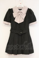 画像1: pium / リボンタイ付きプリーツミニワンピース  ブラックストライプ O-26-09-18-030-LO-OP-OW-OS (1)