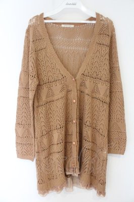 Preview of 裾フリル透かしニットロングカーデ M ピンクベージュ