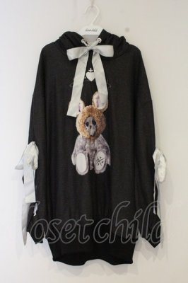 Preview of Trany Bear Ears Hoodie/レースリボン付きくまプリントプルオーバーパーカー  ブラック