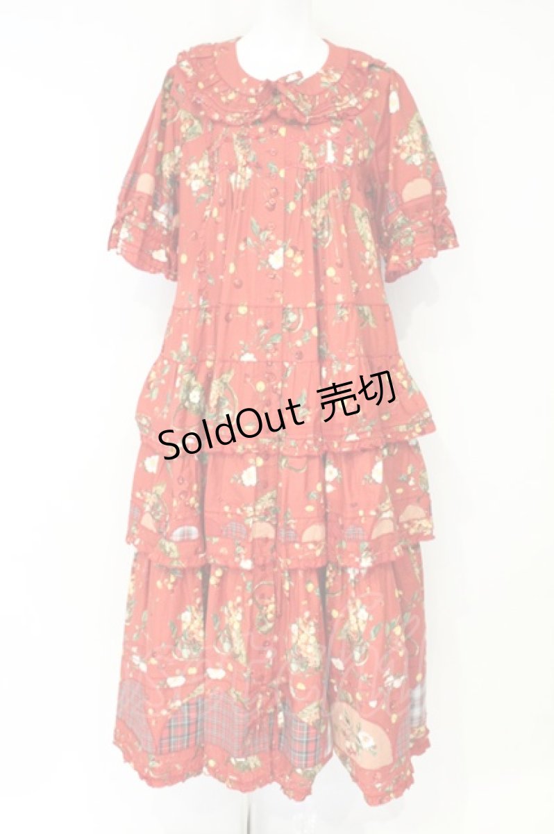 画像1: PINK HOUSE / 野ばらとチェリープリントパッチワークワンピース  アカ O-26-10-06-082-LO-OP-IG-OS (1)