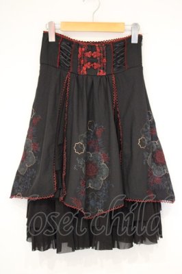 Preview of 和チャイナプリント刺繍スカート  ブラック×レッド
