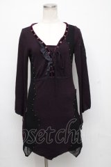 Ozz oneste / Vネック切替チュニック  黒ｘ紫 S-24-07-16-058-OO-TS-AS-ZT055