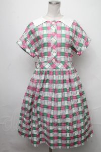 Jane Marple / Graffiti checkのワーキングドレス  オフホワイト×ピンク×グリーン S-25-01-25-055-JM-OP-HR-ZT359