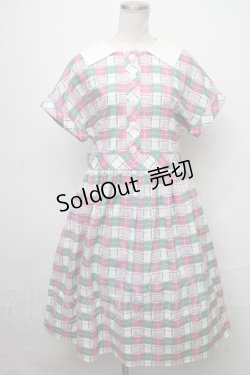 画像1: Jane Marple / Graffiti checkのワーキングドレス  オフホワイト×ピンク×グリーン S-25-01-25-055-JM-OP-HR-ZT359