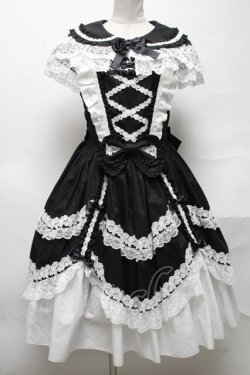 画像1: metamorphose / フローレンスケープ付きジャンパースカート  黒ｘ白 S-25-04-05-063-ME-OP-HR-ZS