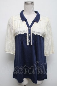 axes femme / 胸元レース使い襟付プルオーバー  紺 S-25-04-14-040-AX-TO-AS-ZS