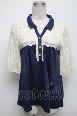 画像1: axes femme / 胸元レース使い襟付プルオーバー  紺 S-25-04-14-040-AX-TO-AS-ZS