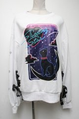 LISTEN FLAVOR / 月夜の黒猫レースアッププルオーバー  白 S-25-04-19-003-PU-TO-AS-ZS