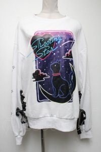 LISTEN FLAVOR / 月夜の黒猫レースアッププルオーバー  白 S-25-04-19-003-PU-TO-AS-ZS