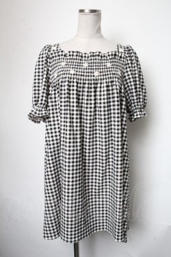 画像1: Katie / マーガレット刺繍ギンガムチェック半袖ワンピース  黒ｘ白 S-25-05-01-034-LO-OP-HR-ZS