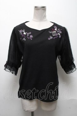 画像1: axes femme / 鳥×バラ刺繍リブPO  黒 S-25-05-03-017-AX-TO-AS-ZS
