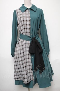 画像1: axes femme POETIQUE / チェックバイカラーワンピース  グリーン S-25-05-03-038-AX-OP-HR-ZS