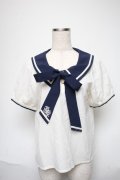 Amavel / リボンタイ付き半袖ブラウス  白ｘ紺 S-25-05-29-032-CA-BL-HR-ZS