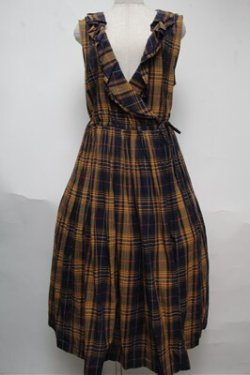 画像1: Jane Marple Dans Le Salon / マドラスチェックカシュクールドレス  紺ｘイエロー S-25-06-04-036-JM-OP-AS-ZS
