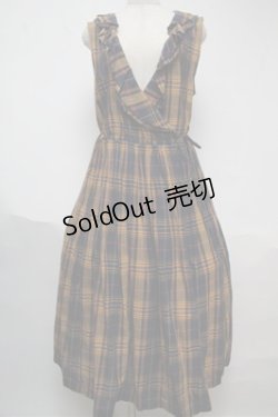 画像1: Jane Marple Dans Le Salon / マドラスチェックカシュクールドレス  紺ｘイエロー S-25-06-04-036-JM-OP-AS-ZS