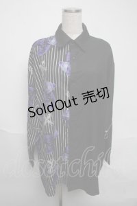 Amilige / 羽プリントZIPバイカラーシャツ  黒ｘ紫 S-25-06-05-027-PU-TS-HR-ZS