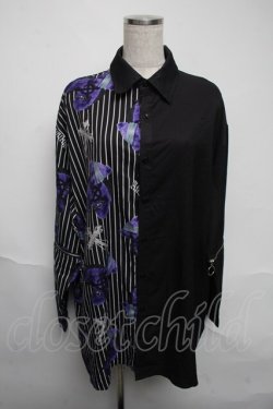 画像1: Amilige / 羽プリントZIPバイカラーシャツ  黒ｘ紫 S-25-06-05-027-PU-TS-HR-ZS