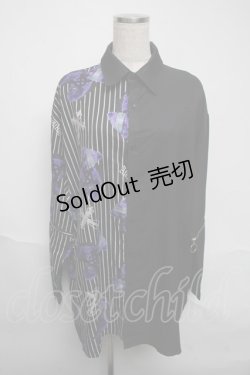 画像1: Amilige / 羽プリントZIPバイカラーシャツ  黒ｘ紫 S-25-06-05-027-PU-TS-HR-ZS