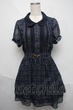 画像1: axes femme / チェックｘリボン柄ワンピース  紺 S-25-06-06-055-AX-OP-HR-ZS