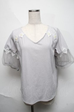 画像1: axes femme / 袖チュールビジュー使いプルオーバー  ブルーグレー S-25-06-06-025-AX-TO-HR-ZS